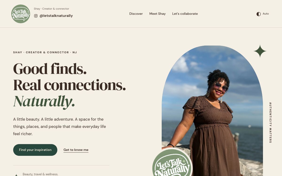 Let’s Talk Naturally homepage with an editorial headline and outdoor portrait of Shay
